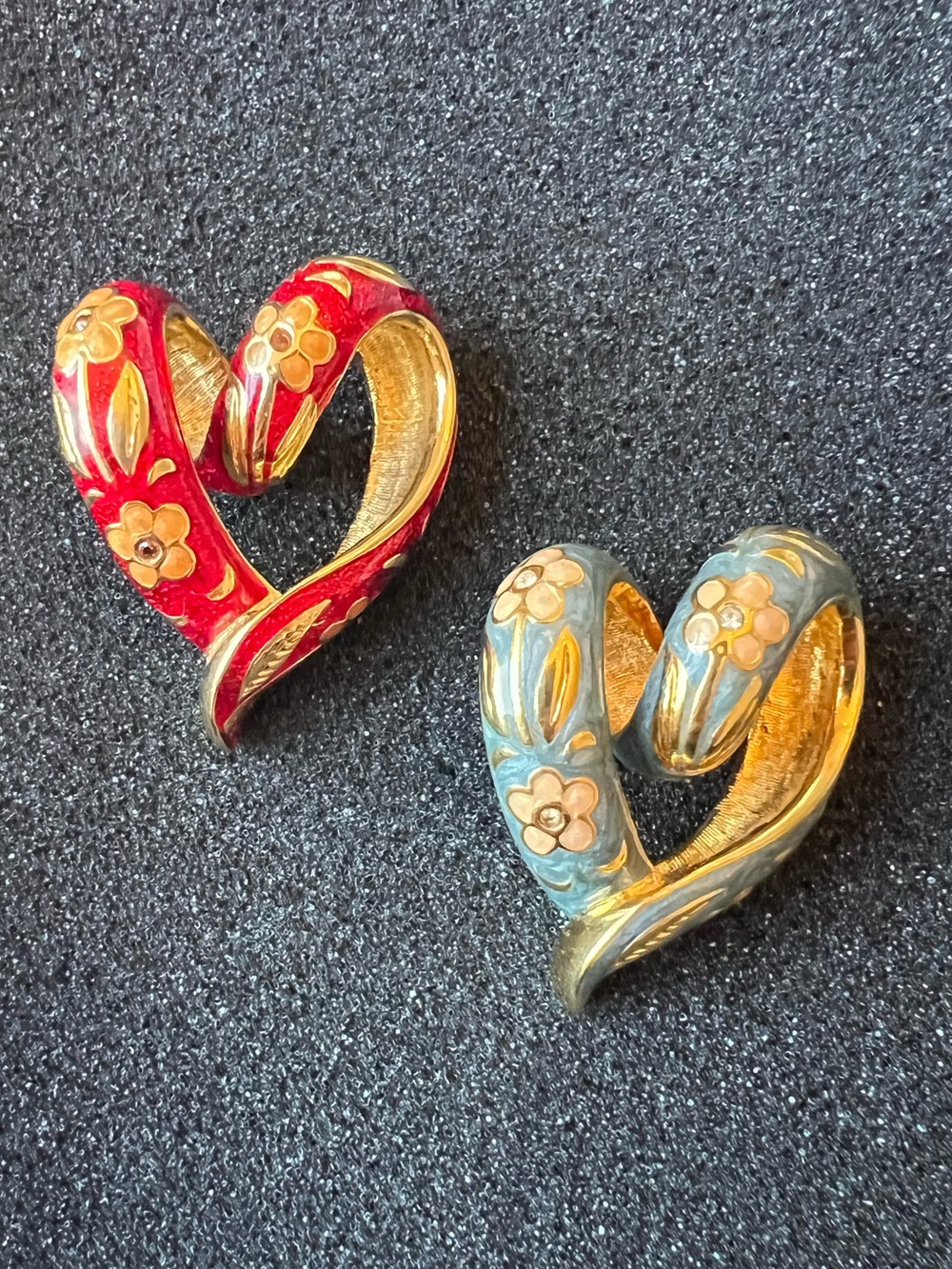 Nolan Miller Heart Slider Pendants Red & Blue Enamel Gold Flower Vintage Signed